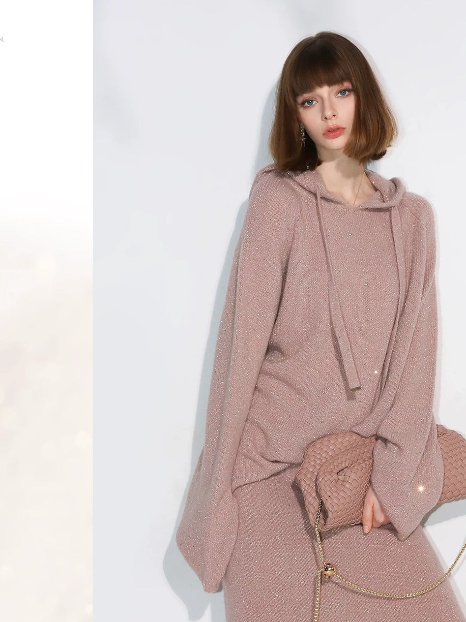 COCOBELLA Soft Shimmer Sequin Hooded Loose Fit Sweet Womens Cozy Pullover Sweater