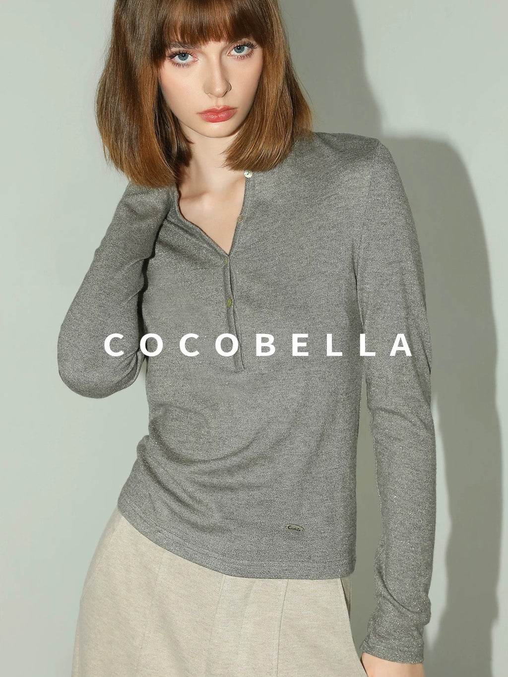 COCOBELLA Soft Slim High Neck Metallic Thread Long Sleeve Minimalist Workwear Women Shirts