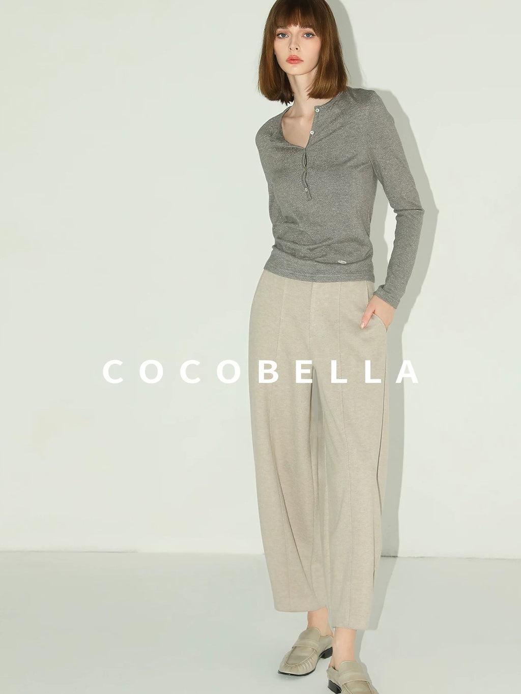 COCOBELLA Soft Slim High Neck Metallic Thread Long Sleeve Minimalist Workwear Women Shirts