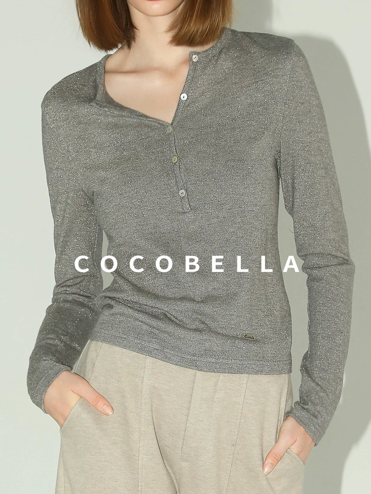 COCOBELLA Soft Slim High Neck Metallic Thread Long Sleeve Minimalist Workwear Women Shirts