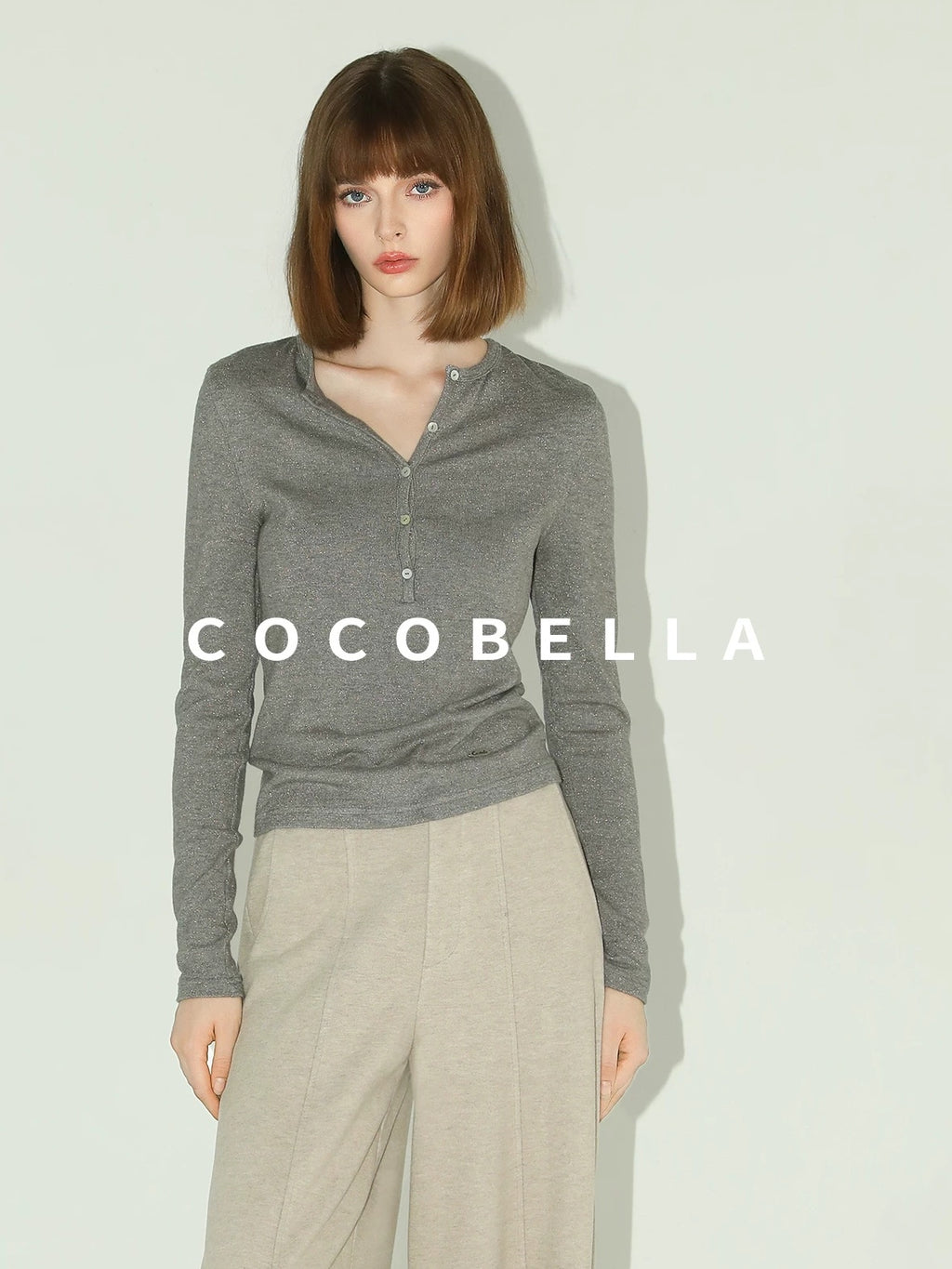 COCOBELLA Soft Slim High Neck Metallic Thread Long Sleeve Minimalist Workwear Women Shirts