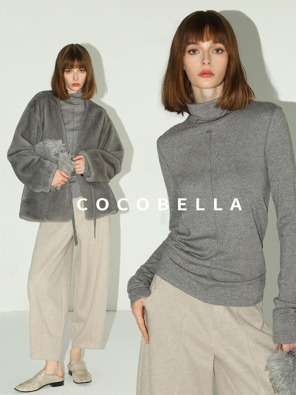 COCOBELLA Soft Slim High Neck Metallic Thread Long Sleeve Minimalist Workwear Women Shirts