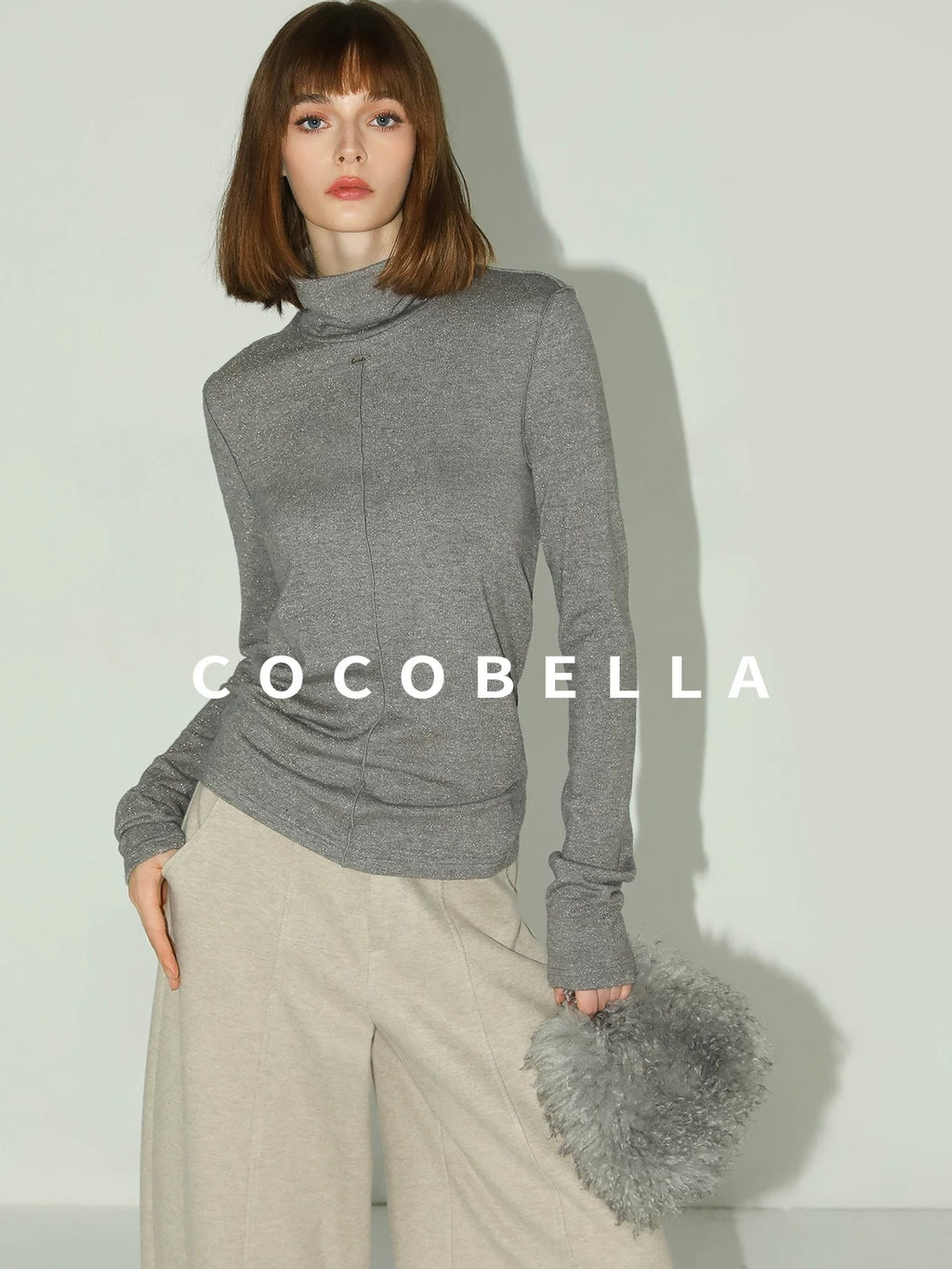 COCOBELLA Soft Slim High Neck Metallic Thread Long Sleeve Minimalist Workwear Women Shirts