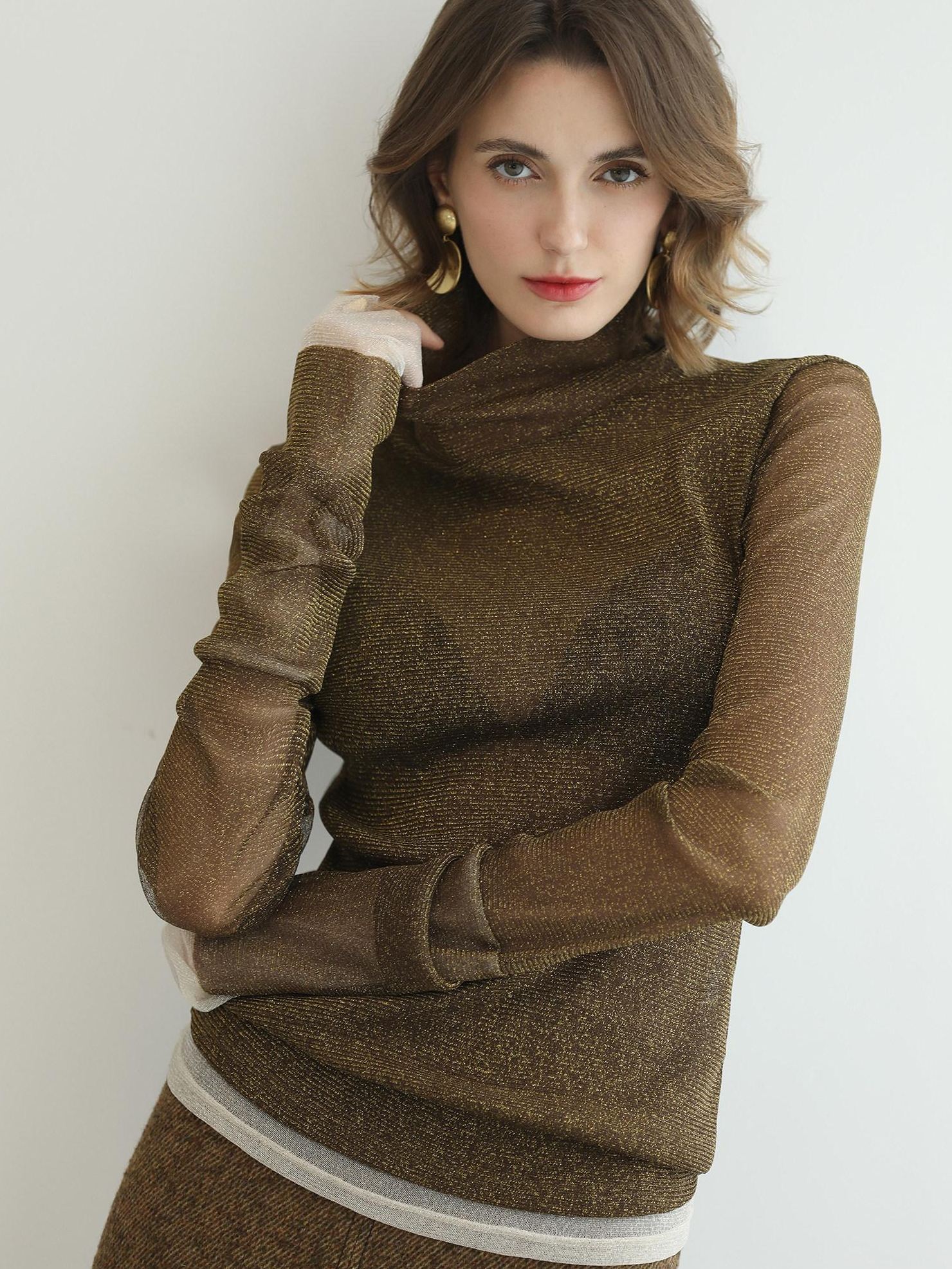 COCOBELLA Soft Slim Minimalist Lurex Layered Patchwork High Neck Women Long Sleeve T-Shirts