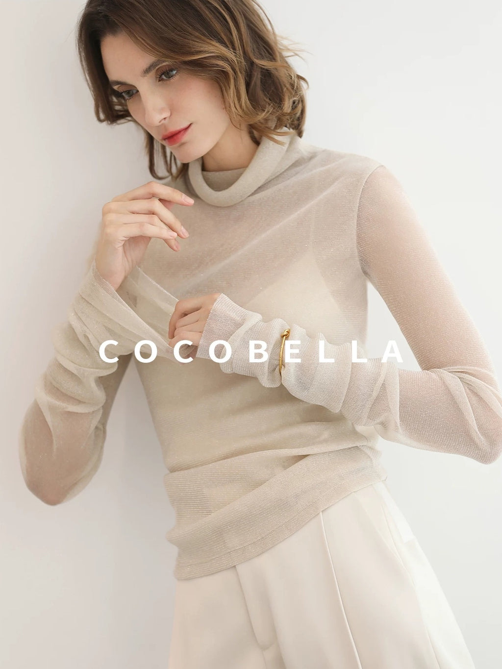 COCOBELLA Soft Slim Minimalist Lurex Layered Patchwork High Neck Women Long Sleeve T-Shirts