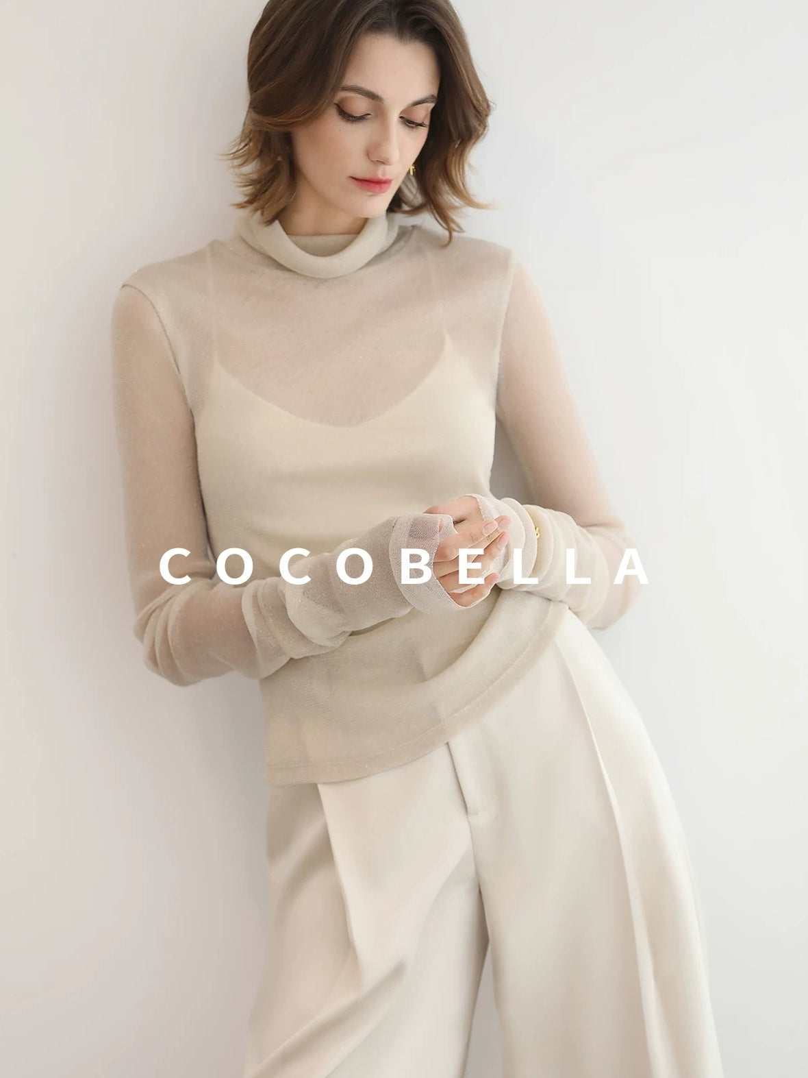 COCOBELLA Soft Slim Minimalist Lurex Layered Patchwork High Neck Women Long Sleeve T-Shirts