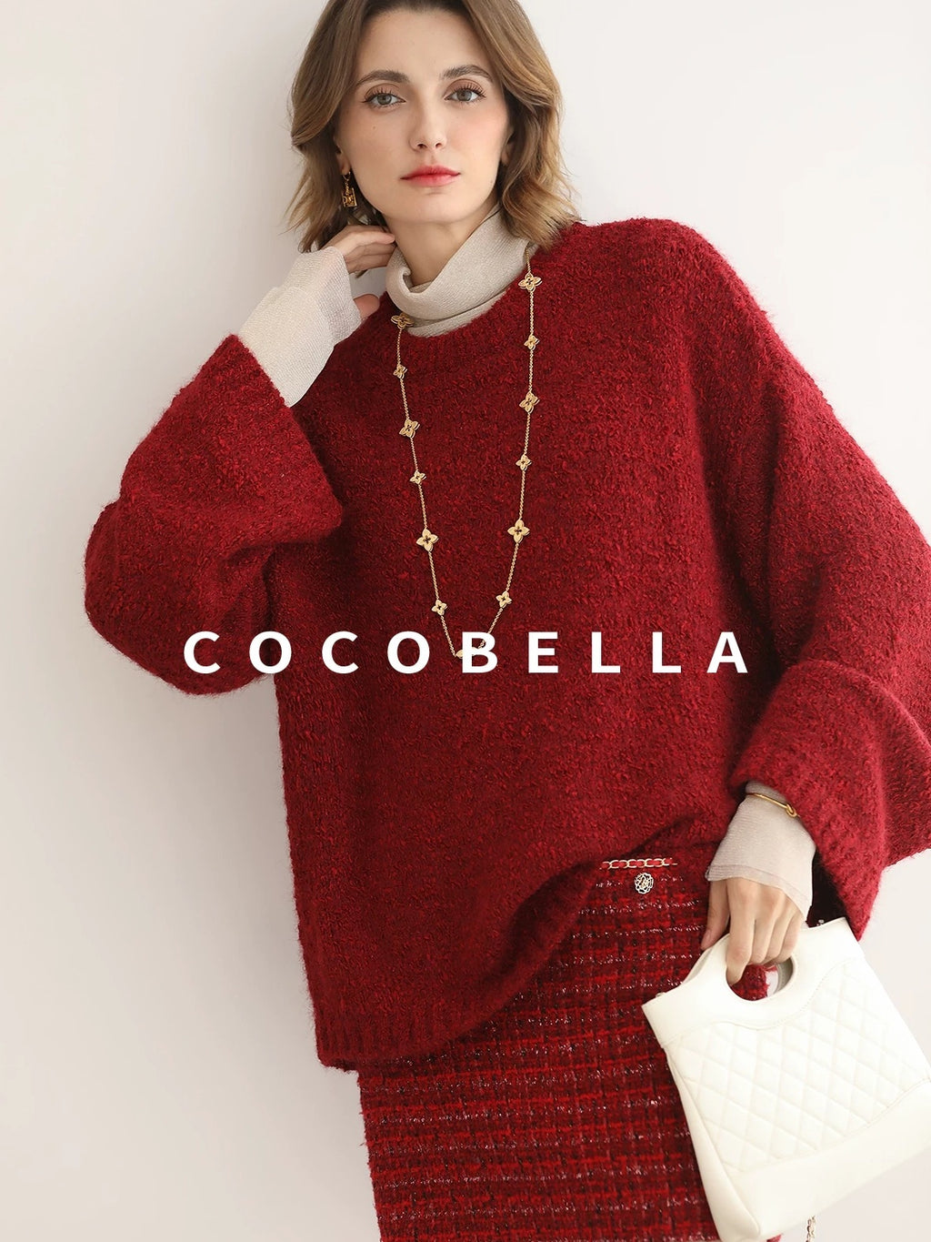 COCOBELLA Soft Slim Minimalist Lurex Layered Patchwork High Neck Women Long Sleeve T-Shirts