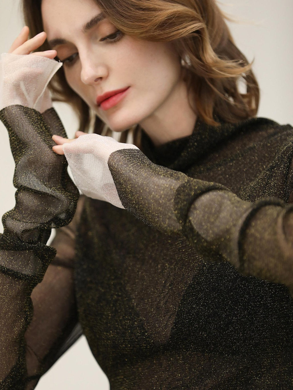 COCOBELLA Soft Slim Minimalist Lurex Layered Patchwork High Neck Women Long Sleeve T-Shirts