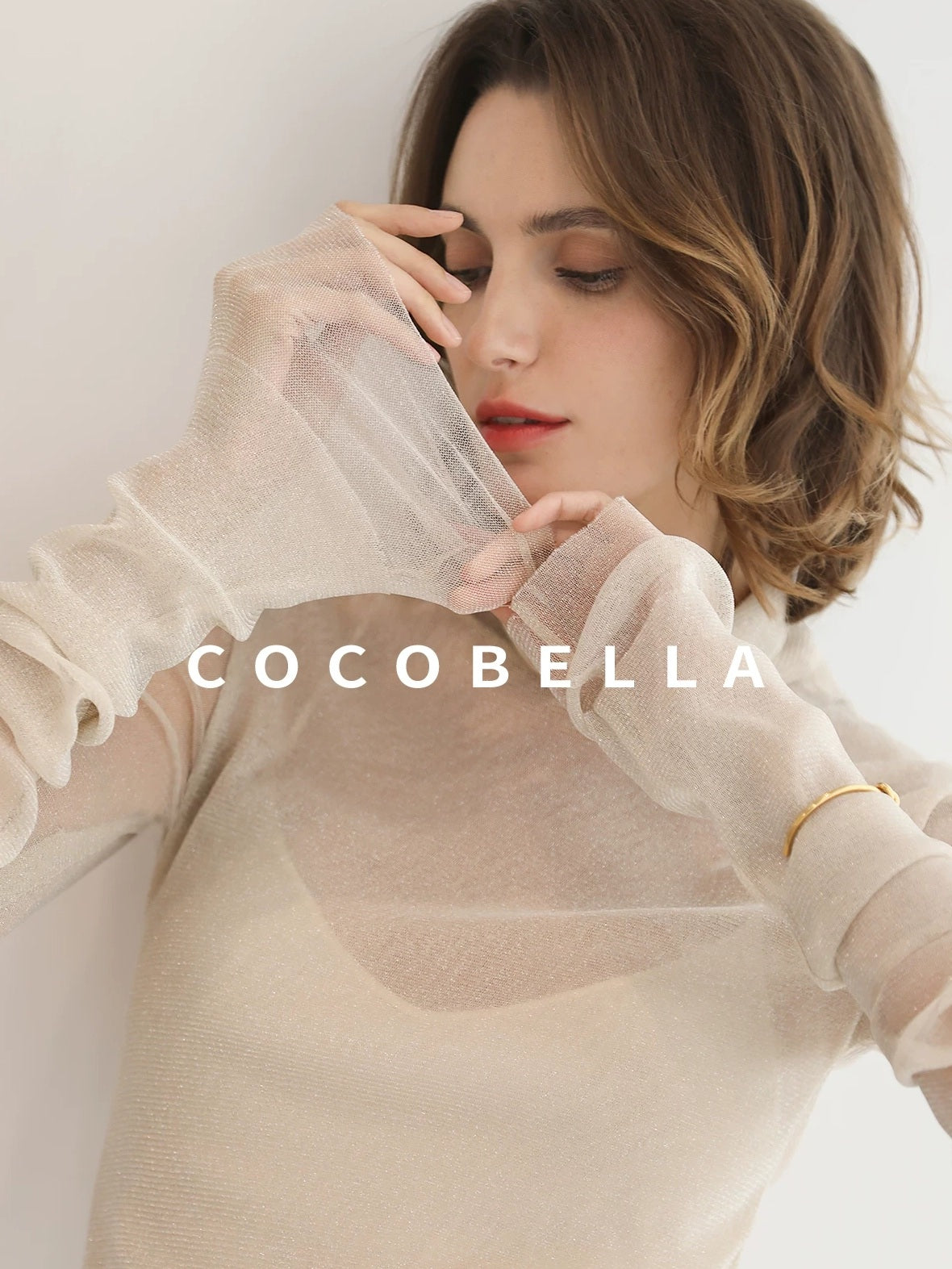 COCOBELLA Soft Slim Minimalist Lurex Layered Patchwork High Neck Women Long Sleeve T-Shirts