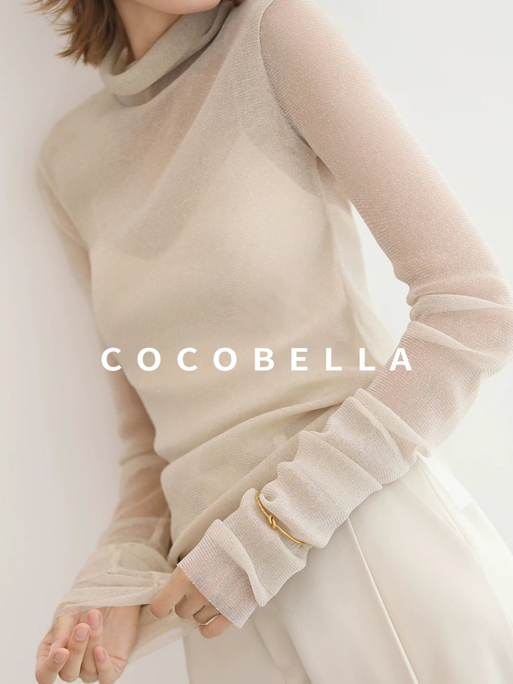 COCOBELLA Soft Slim Minimalist Lurex Layered Patchwork High Neck Women Long Sleeve T-Shirts