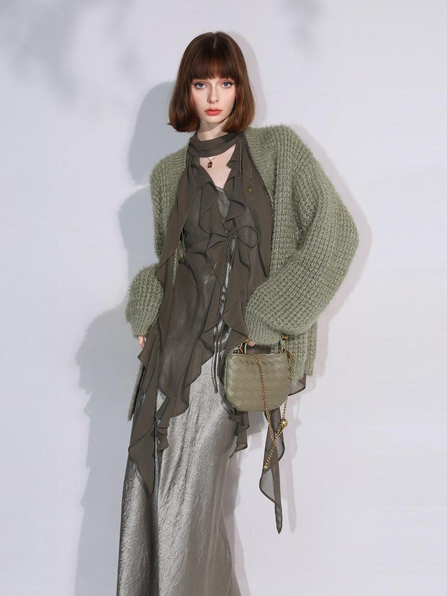 COCOBELLA Soft Sparkle Buttoned Loose V Neck Ribbed Knit Cardigan Women Sky Green Sweater