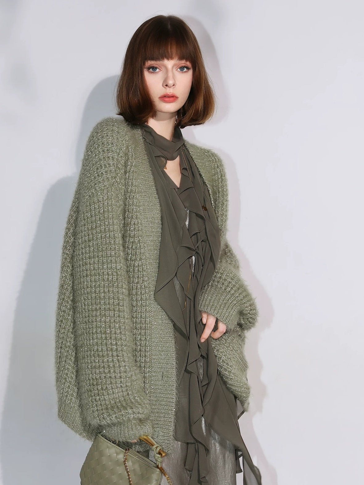 COCOBELLA Soft Sparkle Buttoned Loose V Neck Ribbed Knit Cardigan Women Sky Green Sweater