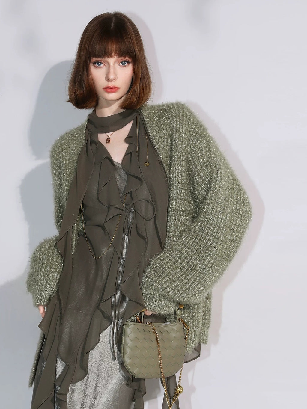 COCOBELLA Soft Sparkle Buttoned Loose V Neck Ribbed Knit Cardigan Women Sky Green Sweater