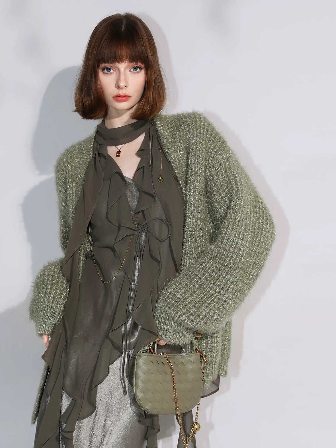 COCOBELLA Soft Sparkle Buttoned Loose V Neck Ribbed Knit Cardigan Women Sky Green Sweater