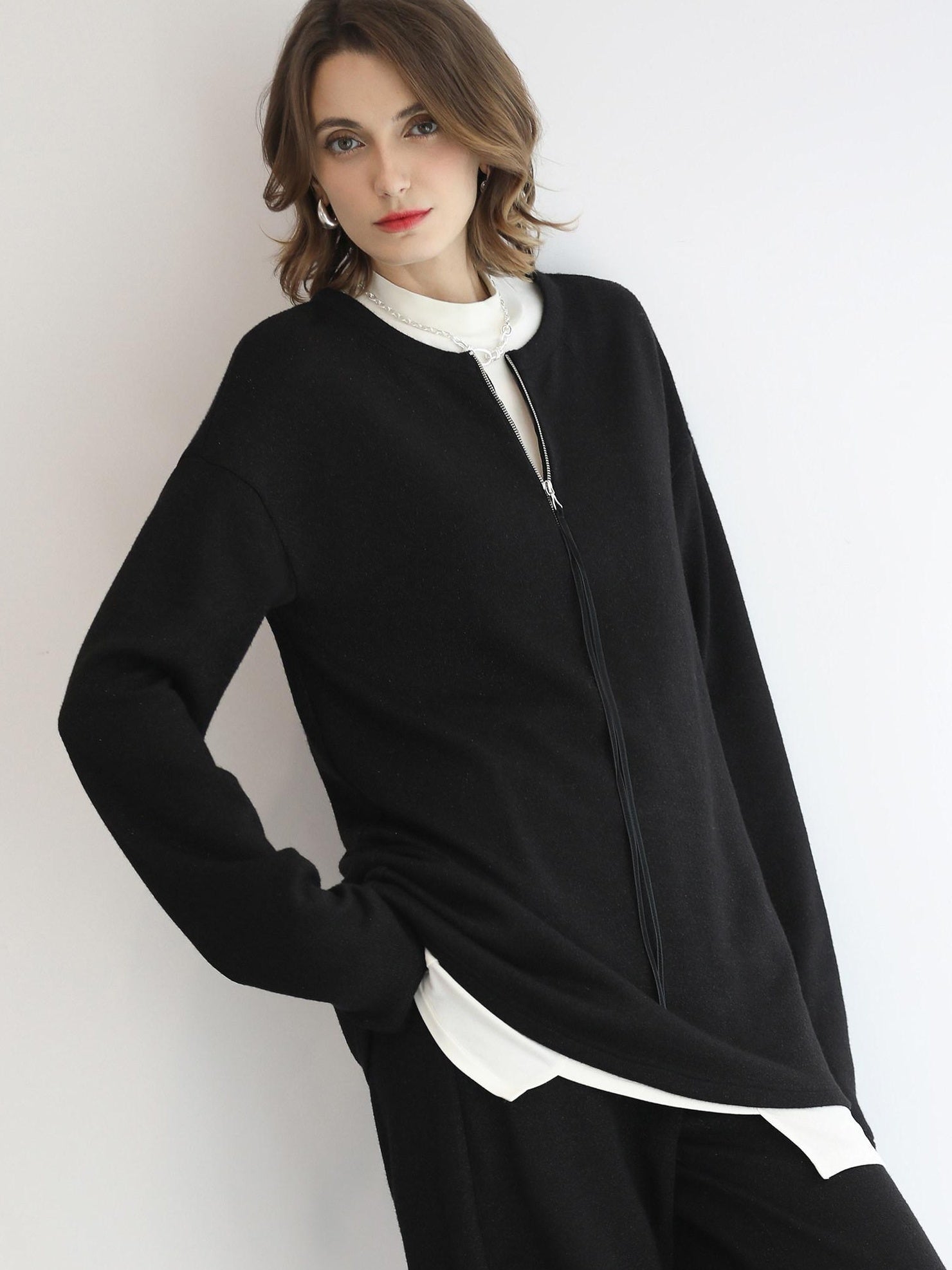 COCOBELLA Soft Sparkle Knit Oversized Midlength Longsleeve Zip Pullover Women Work Sweater