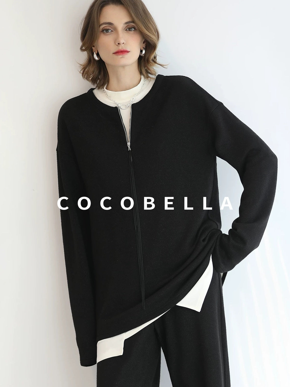 COCOBELLA Soft Sparkle Knit Oversized Midlength Longsleeve Zip Pullover Women Work Sweater