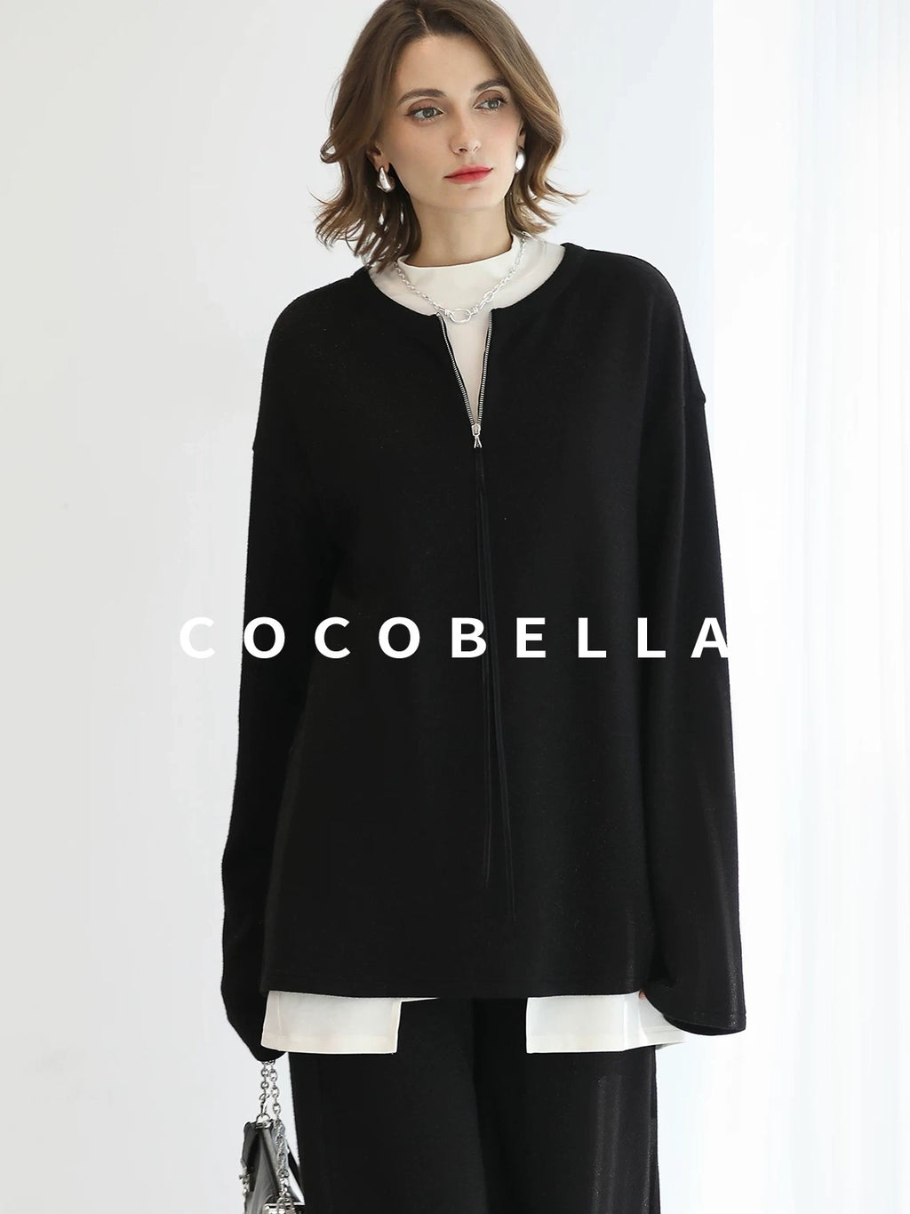 COCOBELLA Soft Sparkle Knit Oversized Midlength Longsleeve Zip Pullover Women Work Sweater