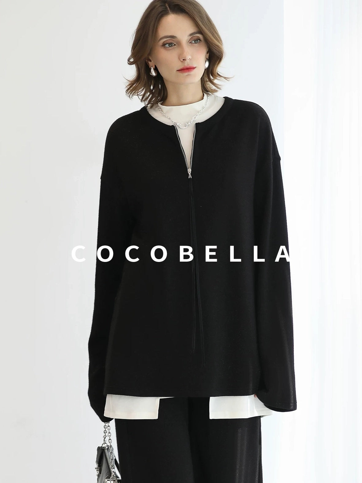 COCOBELLA Soft Sparkle Knit Oversized Midlength Longsleeve Zip Pullover Women Work Sweater