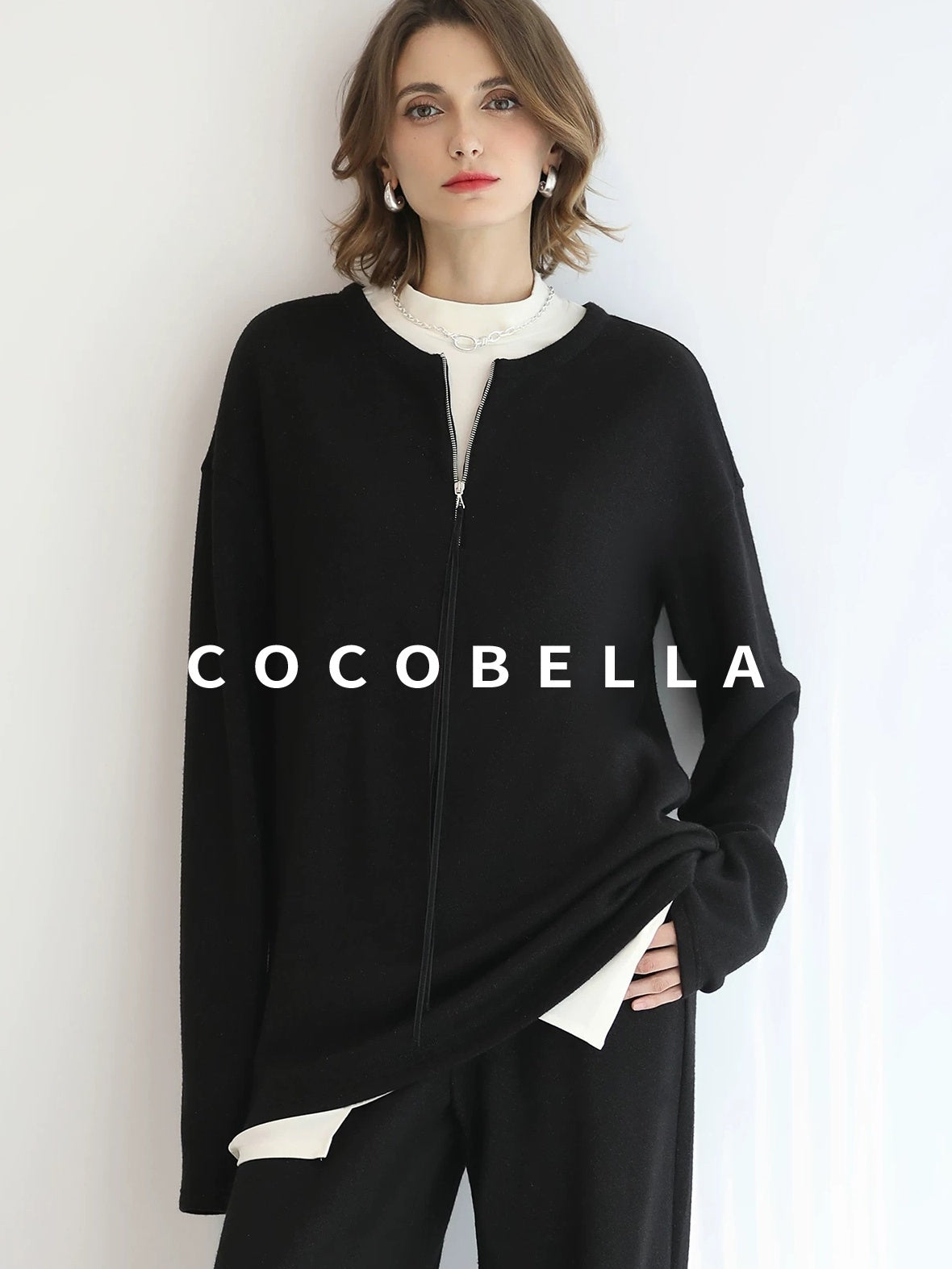 COCOBELLA Soft Sparkle Knit Oversized Midlength Longsleeve Zip Pullover Women Work Sweater