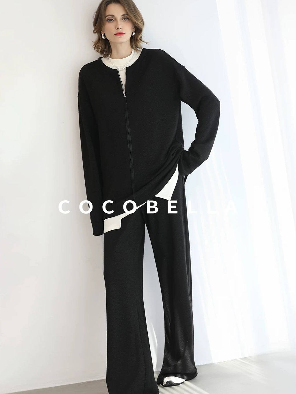 COCOBELLA Soft Sparkle Knit Oversized Midlength Longsleeve Zip Pullover Women Work Sweater