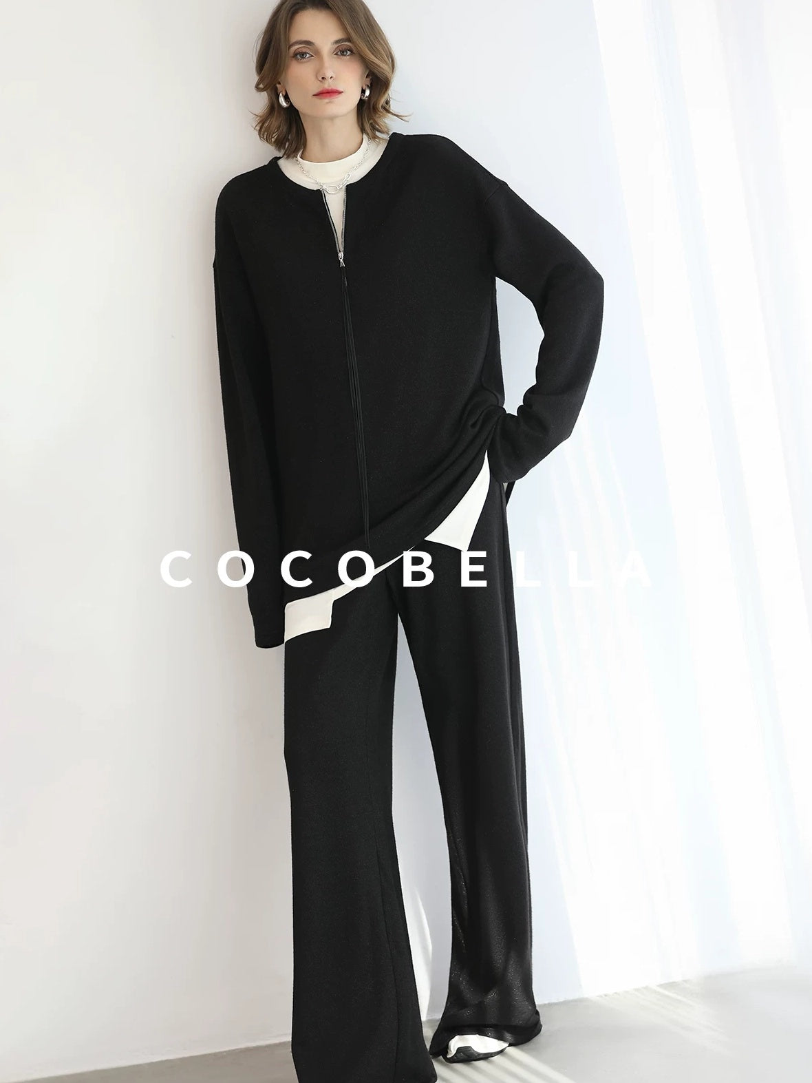 COCOBELLA Soft Sparkle Knit Oversized Midlength Longsleeve Zip Pullover Women Work Sweater