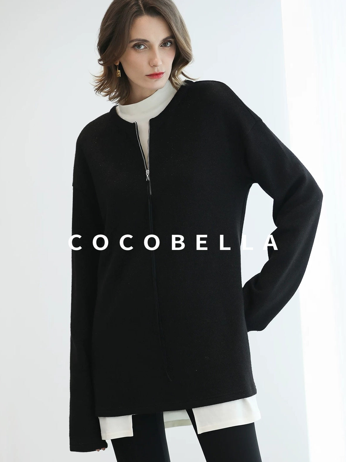 COCOBELLA Soft Sparkle Knit Oversized Midlength Longsleeve Zip Pullover Women Work Sweater