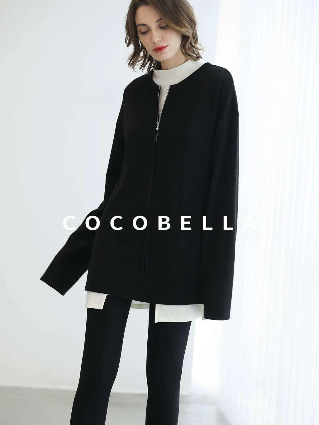 COCOBELLA Soft Sparkle Knit Oversized Midlength Longsleeve Zip Pullover Women Work Sweater