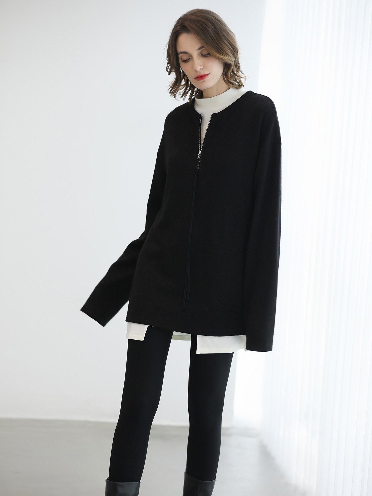 COCOBELLA Soft Sparkle Knit Oversized Midlength Longsleeve Zip Pullover Women Work Sweater