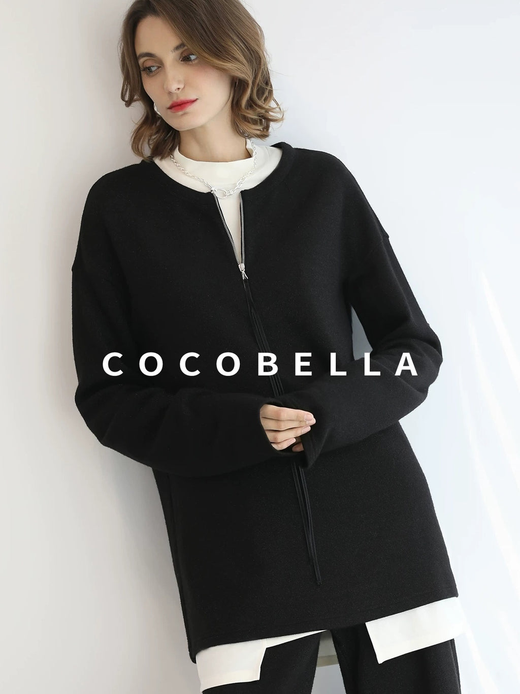 COCOBELLA Soft Sparkle Knit Oversized Midlength Longsleeve Zip Pullover Women Work Sweater