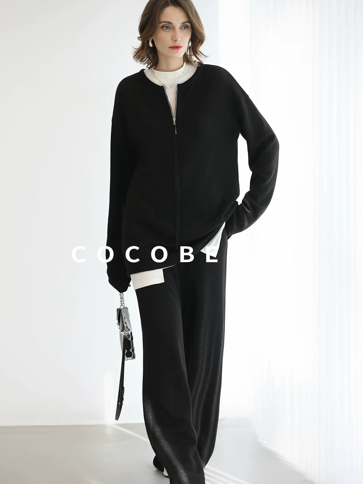 COCOBELLA Soft Sparkle Knit Oversized Midlength Longsleeve Zip Pullover Women Work Sweater