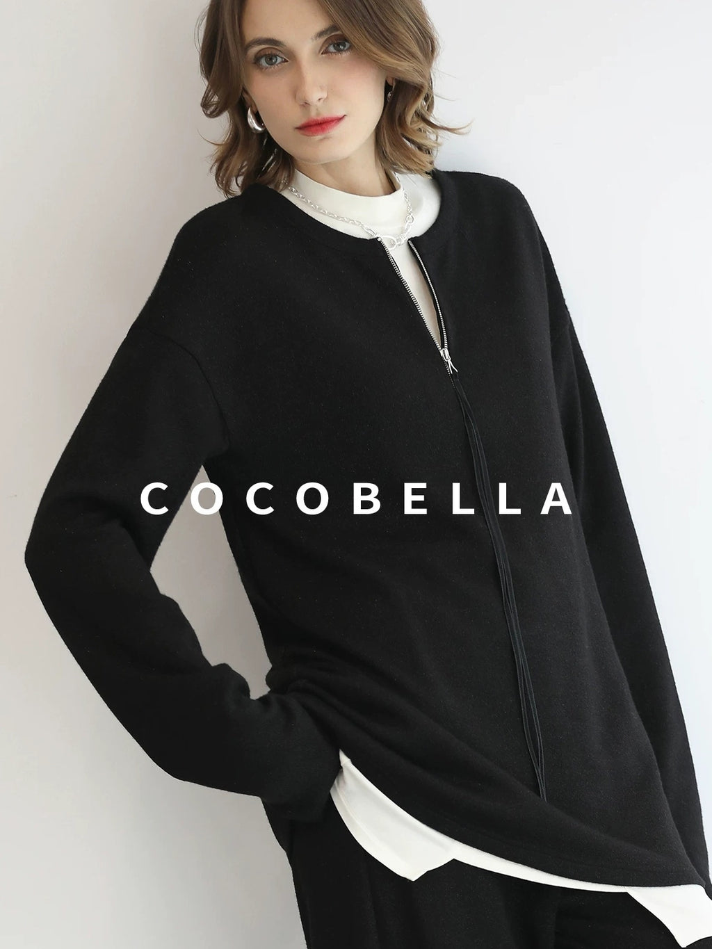 COCOBELLA Soft Sparkle Knit Oversized Midlength Longsleeve Zip Pullover Women Work Sweater