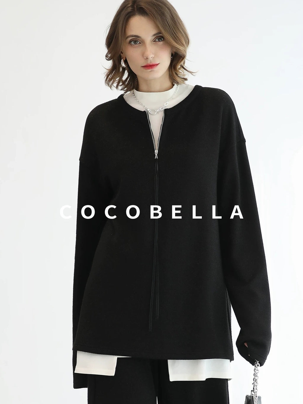 COCOBELLA Soft Sparkle Knit Oversized Midlength Longsleeve Zip Pullover Women Work Sweater
