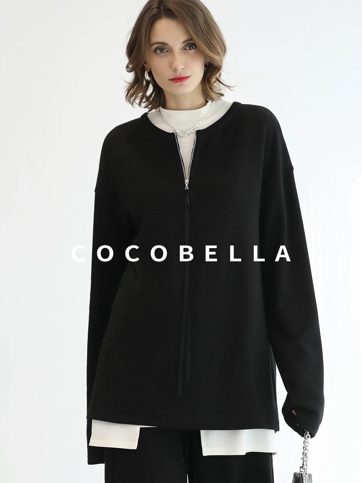 COCOBELLA Soft Sparkle Knit Oversized Midlength Longsleeve Zip Pullover Women Work Sweater