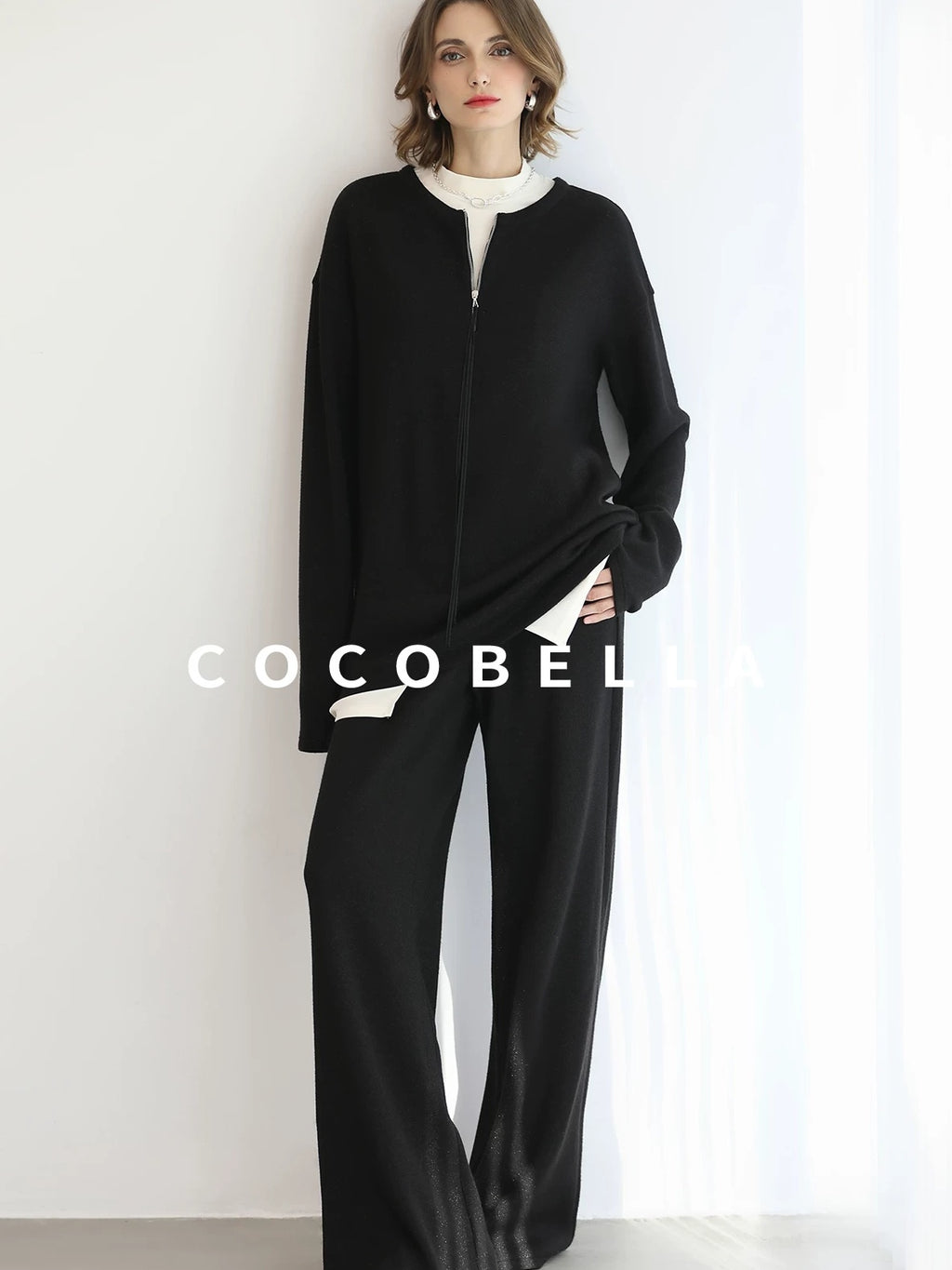 COCOBELLA Soft Sparkle Knit Oversized Midlength Longsleeve Zip Pullover Women Work Sweater