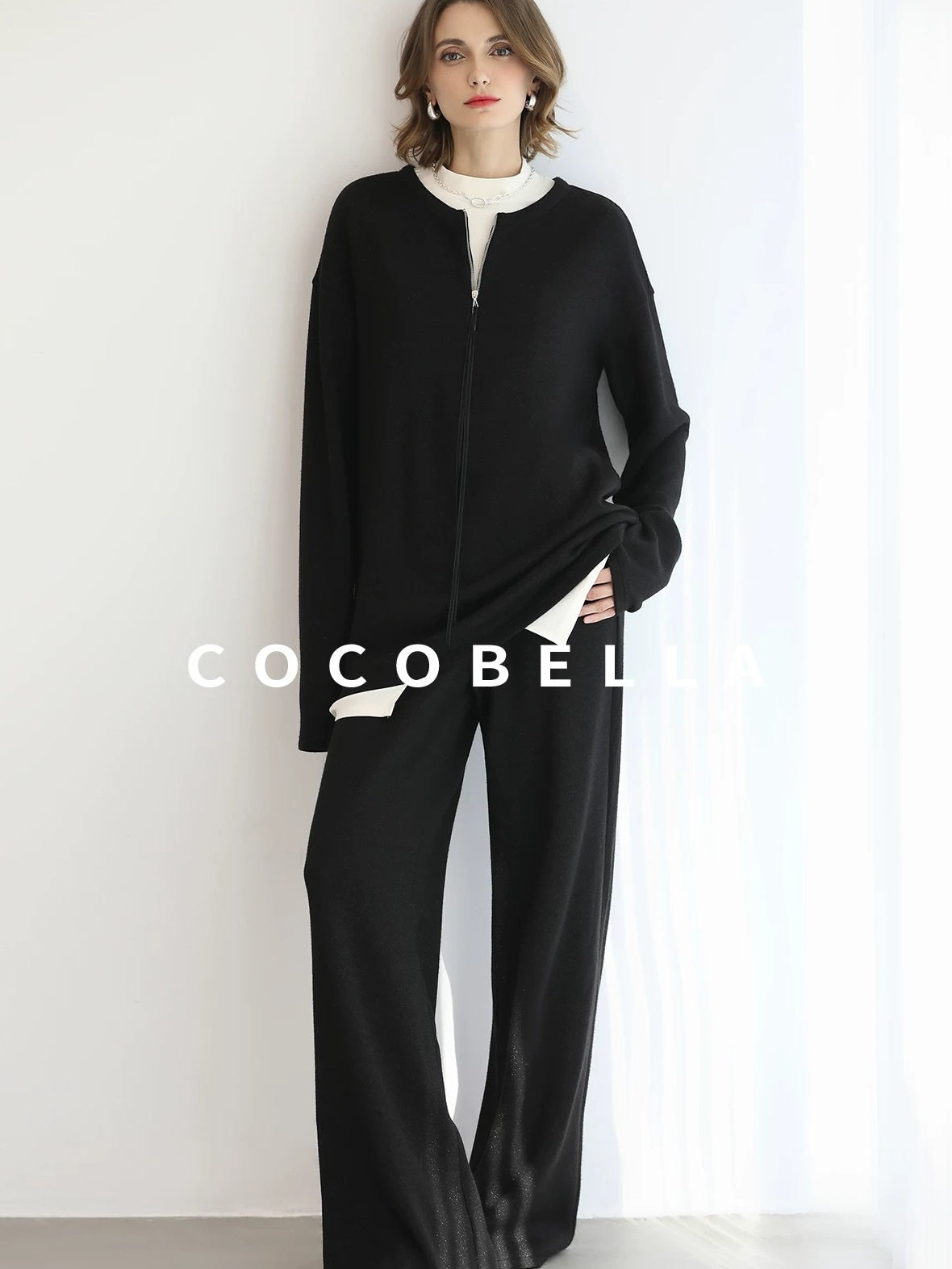 COCOBELLA Soft Sparkle Knit Oversized Midlength Longsleeve Zip Pullover Women Work Sweater