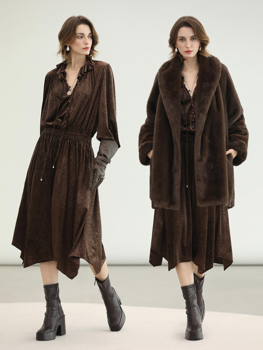 COCOBELLA Soft Stretch Foil V Neck Vintage A Line Ruffle Lace Tie Waist Dresses