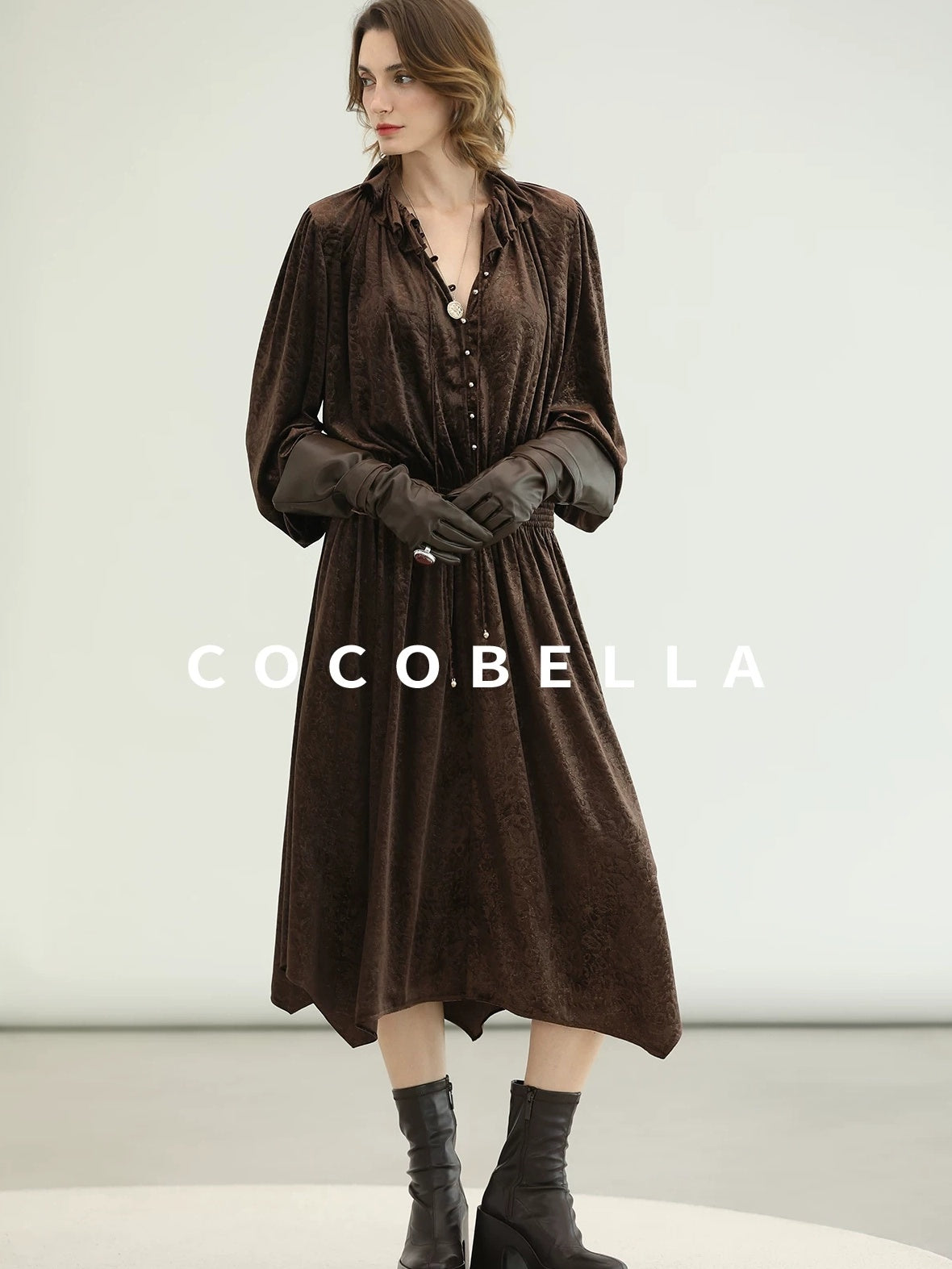 COCOBELLA Soft Stretch Foil V Neck Vintage A Line Ruffle Lace Tie Waist Dresses