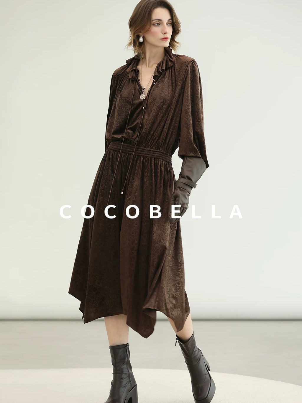 COCOBELLA Soft Stretch Foil V Neck Vintage A Line Ruffle Lace Tie Waist Dresses