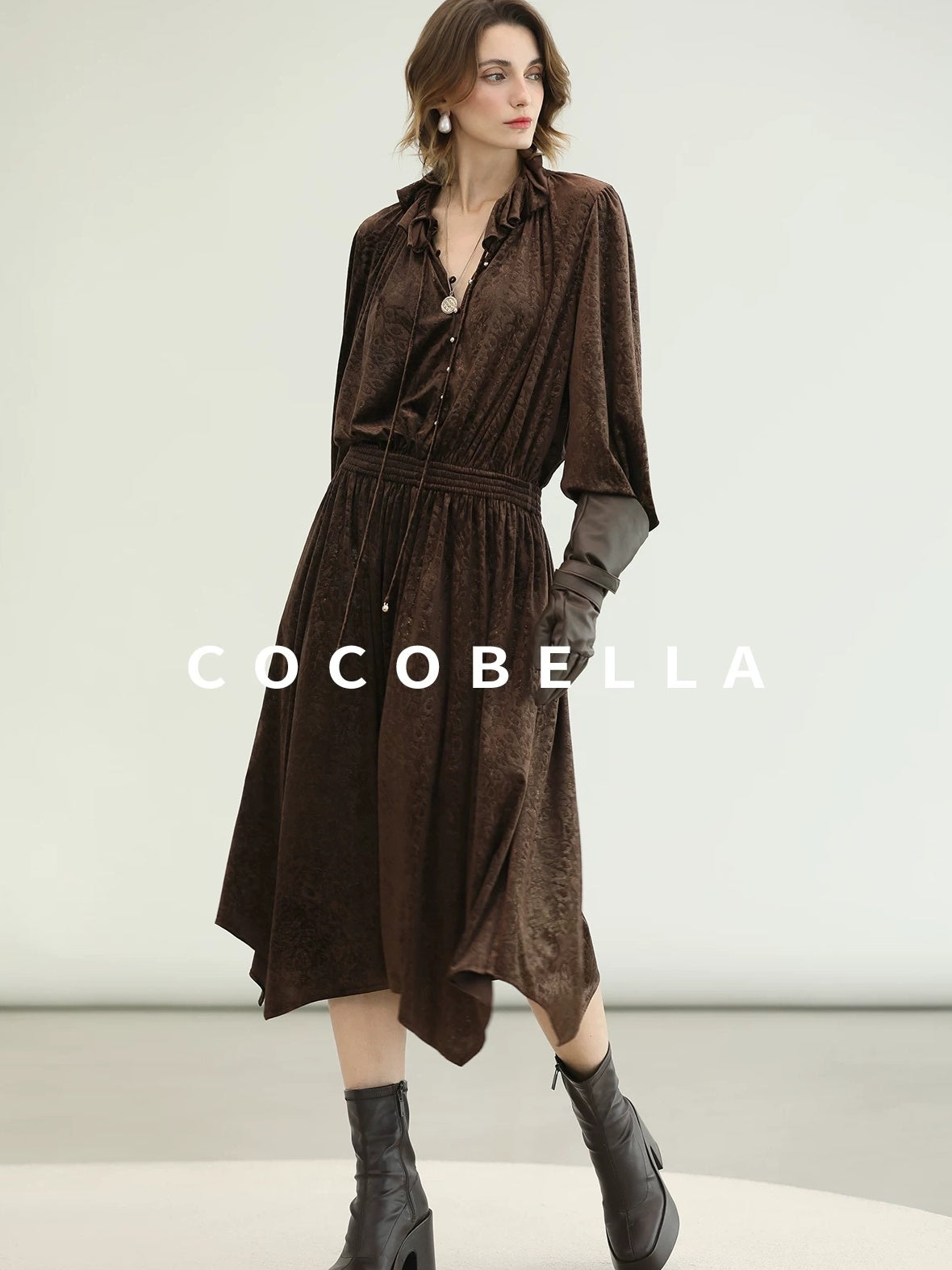 COCOBELLA Soft Stretch Foil V Neck Vintage A Line Ruffle Lace Tie Waist Dresses