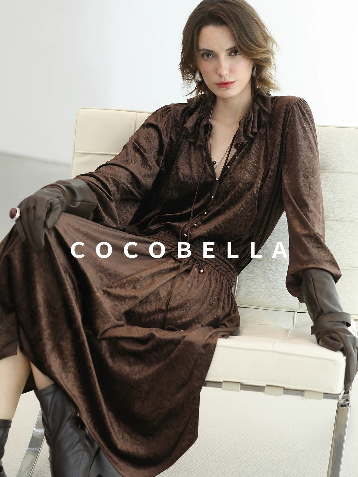 COCOBELLA Soft Stretch Foil V Neck Vintage A Line Ruffle Lace Tie Waist Dresses