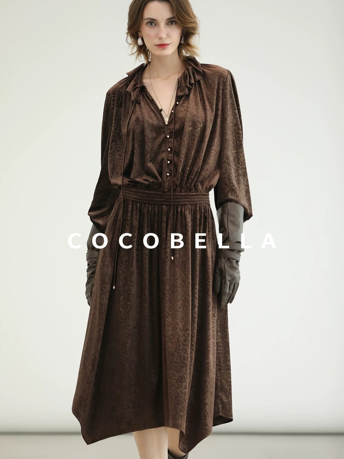 COCOBELLA Soft Stretch Foil V Neck Vintage A Line Ruffle Lace Tie Waist Dresses