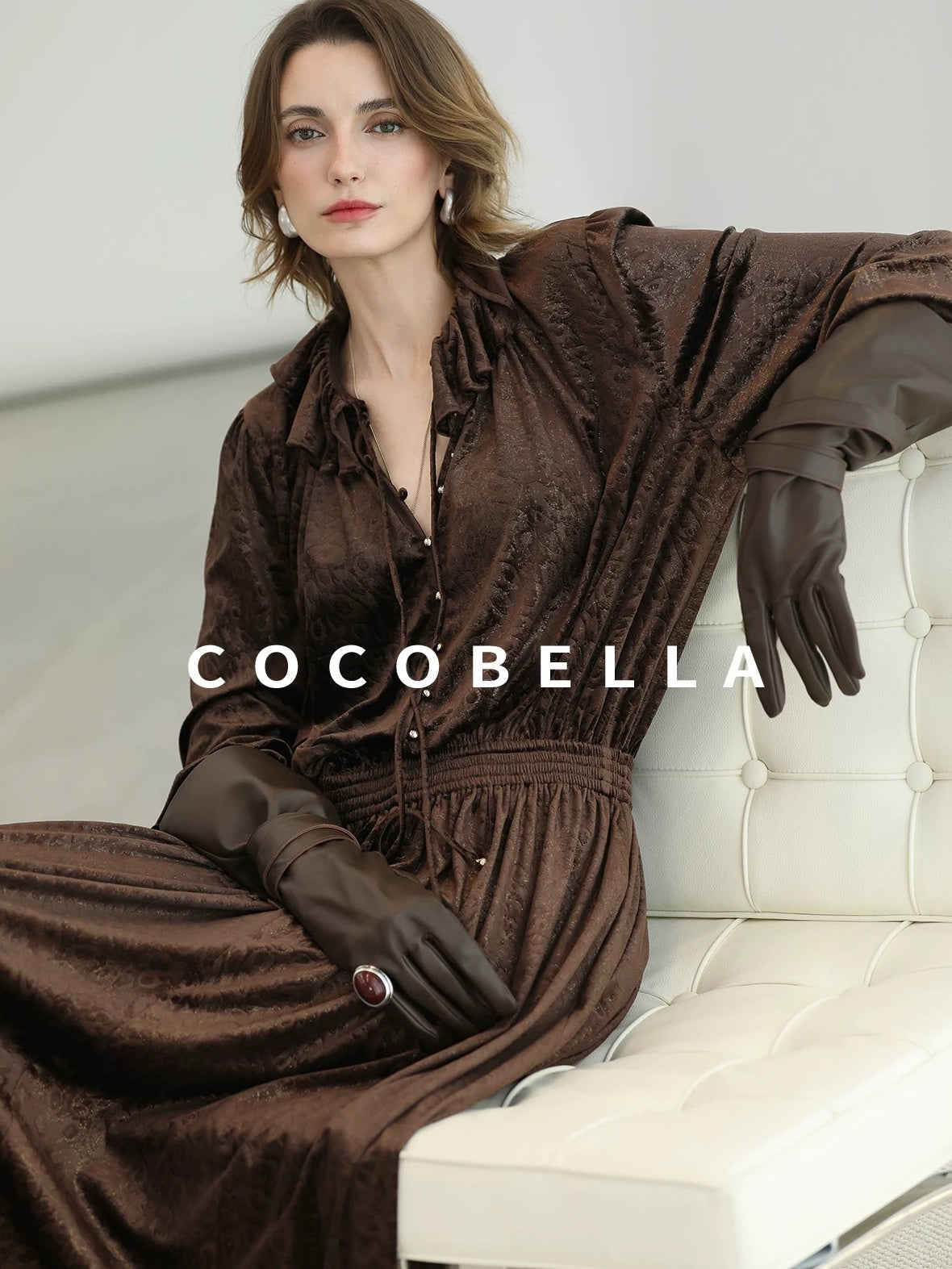 COCOBELLA Soft Stretch Foil V Neck Vintage A Line Ruffle Lace Tie Waist Dresses