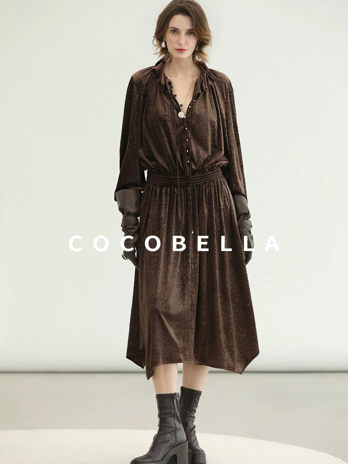 COCOBELLA Soft Stretch Foil V Neck Vintage A Line Ruffle Lace Tie Waist Dresses