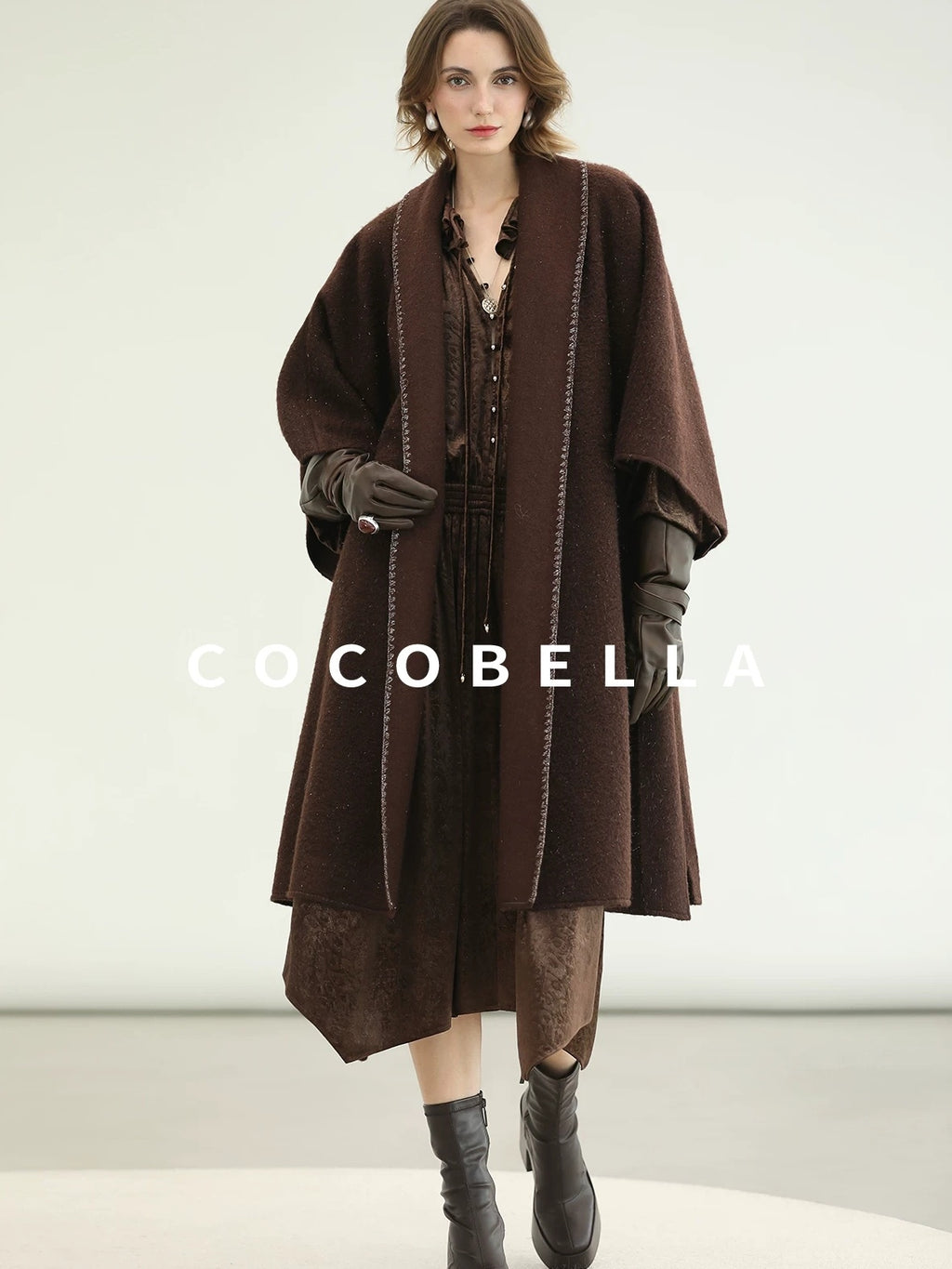 COCOBELLA Soft Stretch Foil V Neck Vintage A Line Ruffle Lace Tie Waist Dresses