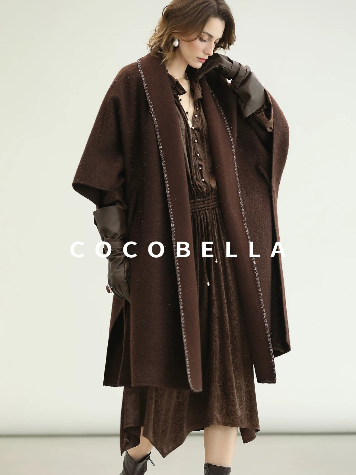 COCOBELLA Soft Stretch Foil V Neck Vintage A Line Ruffle Lace Tie Waist Dresses