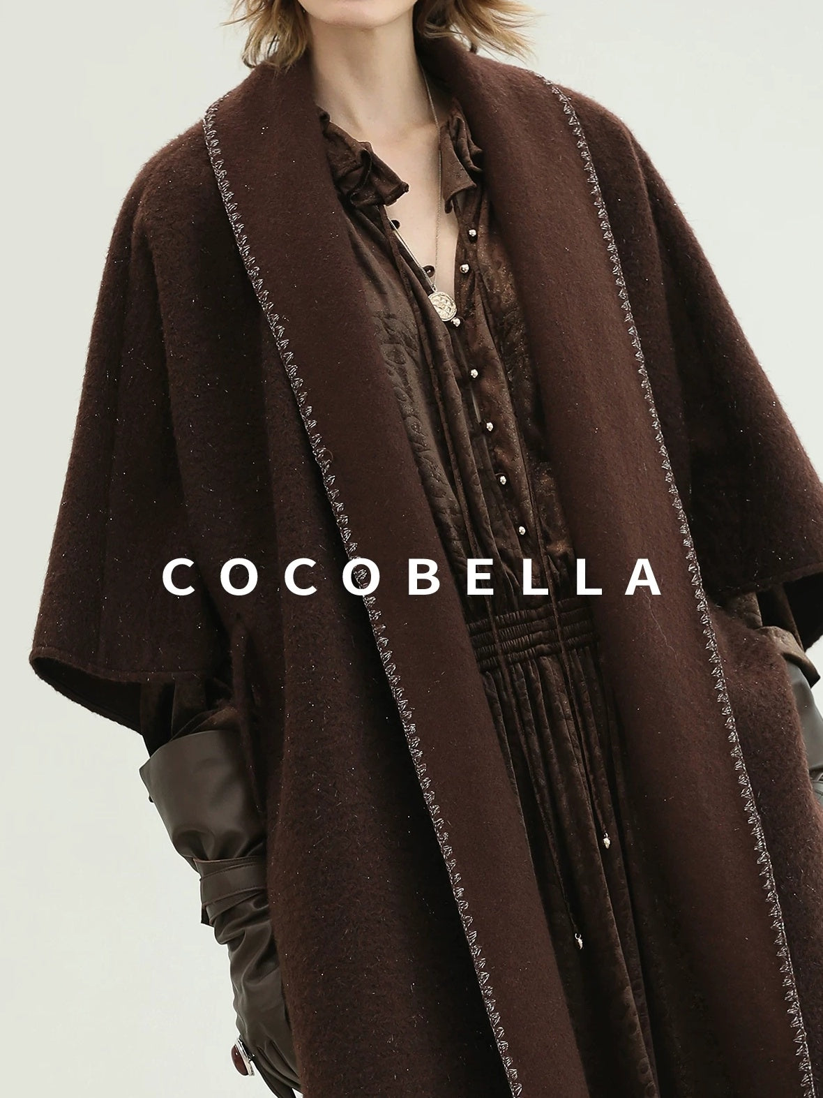 COCOBELLA Soft Stretch Foil V Neck Vintage A Line Ruffle Lace Tie Waist Dresses