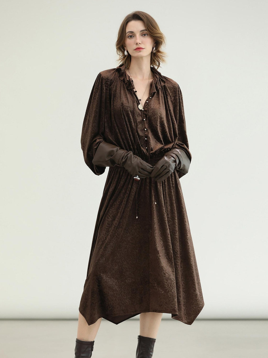 COCOBELLA Soft Stretch Foil V Neck Vintage A Line Ruffle Lace Tie Waist Dresses