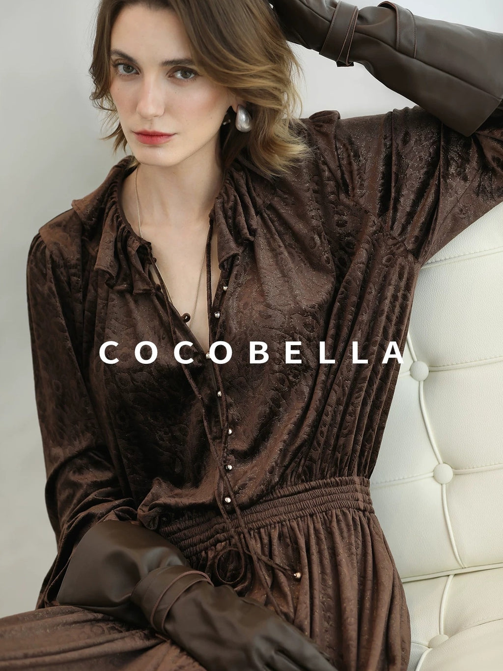 COCOBELLA Soft Stretch Foil V Neck Vintage A Line Ruffle Lace Tie Waist Dresses