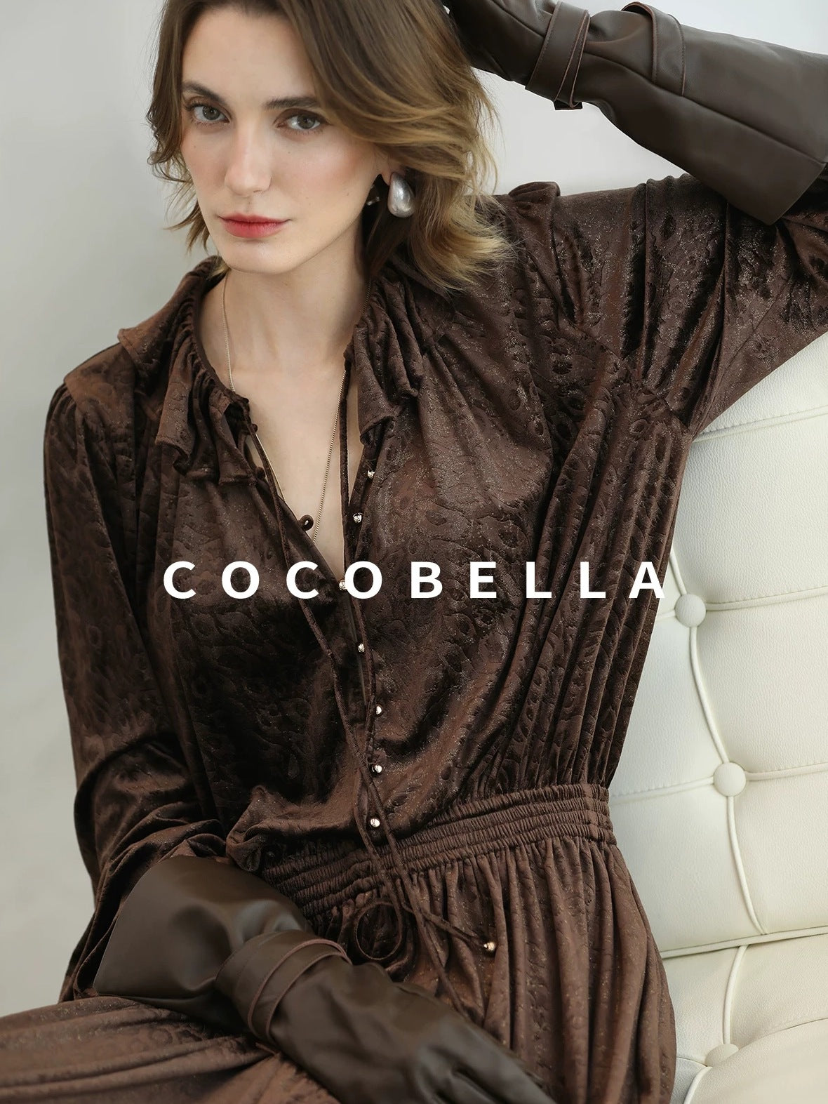 COCOBELLA Soft Stretch Foil V Neck Vintage A Line Ruffle Lace Tie Waist Dresses