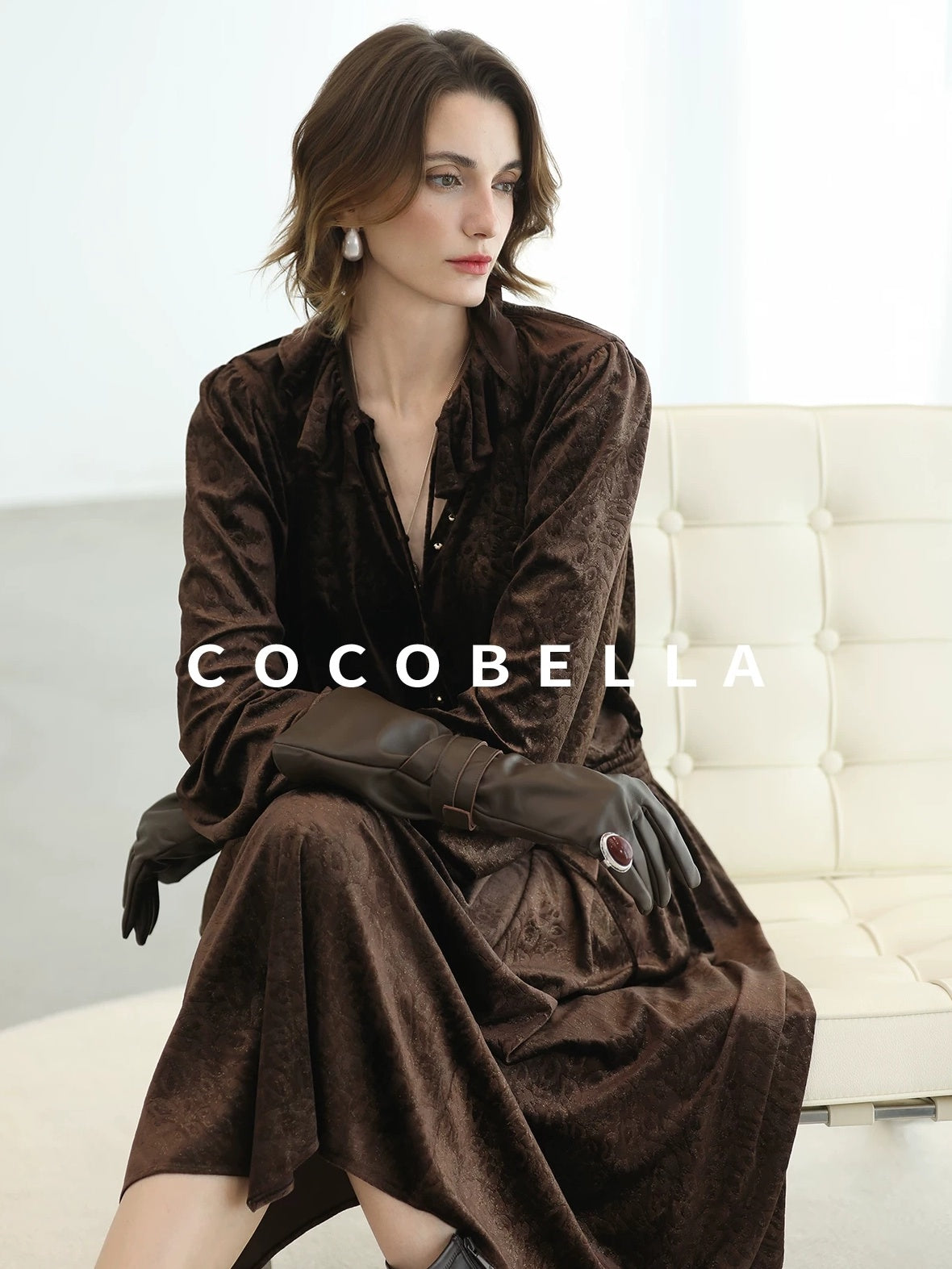 COCOBELLA Soft Stretch Foil V Neck Vintage A Line Ruffle Lace Tie Waist Dresses